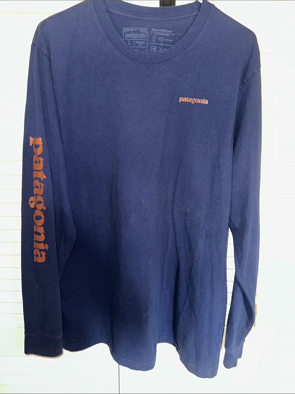 Patagonia Navy Long-Sleeve Tee with Rust Script Logos